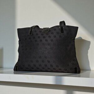 Dooney & Bourke Black Signature Jacquard Canvas Leather Trim Tote Bag w/ Pouch